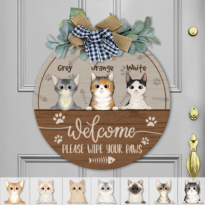 Welcome Please Wipe Your Paws Cat Wooden Door Sign With Wreath, Cat Lover Gift, Cat Door Hanger