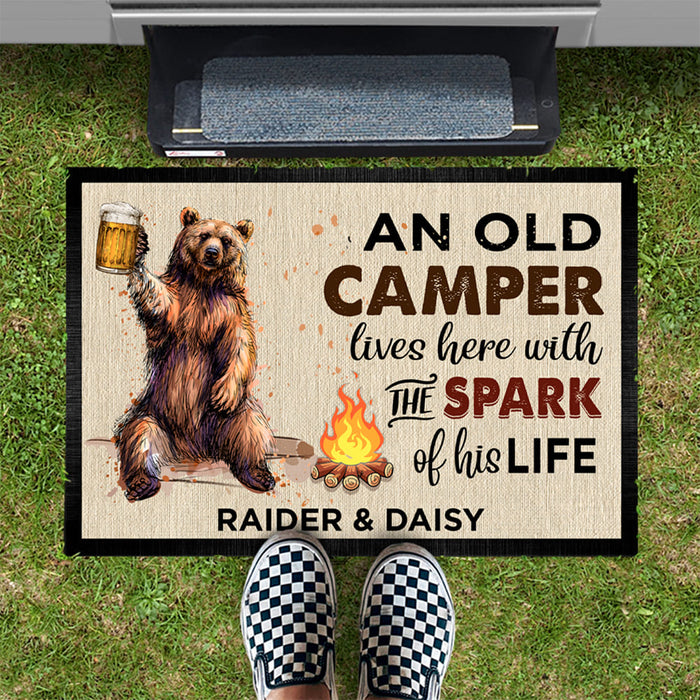 An Old Camper Live Here With The Spark Of His Life Camping Doormat, Camping Gift