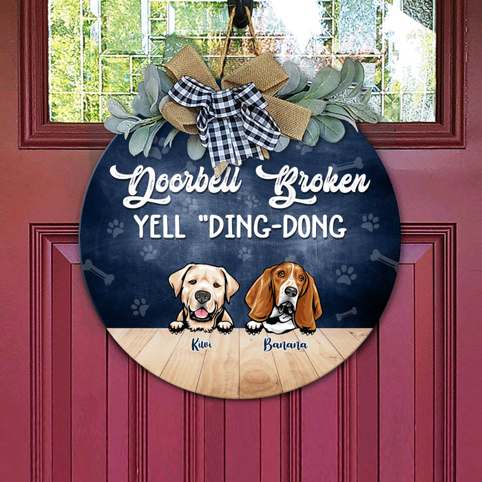 Doorbell Broken, Yell "Ding-Dong" Dog Wooden Door Sign With Wreath, Dog Lover Gift, Dog Door Hanger