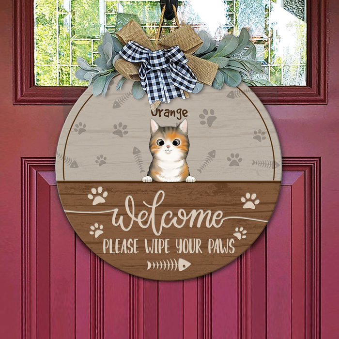 Welcome Please Wipe Your Paws Cat Wooden Door Sign With Wreath, Cat Lover Gift, Cat Door Hanger