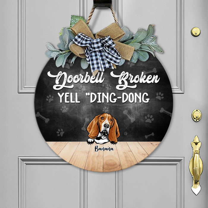 Doorbell Broken, Yell "Ding-Dong" Dog Wooden Door Sign With Wreath, Dog Lover Gift, Dog Door Hanger