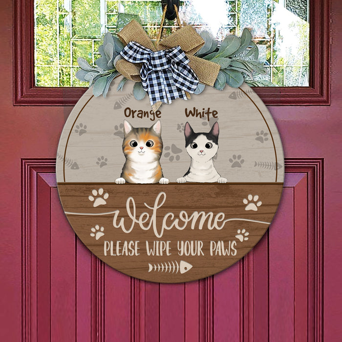 Welcome Please Wipe Your Paws Cat Wooden Door Sign With Wreath, Cat Lover Gift, Cat Door Hanger